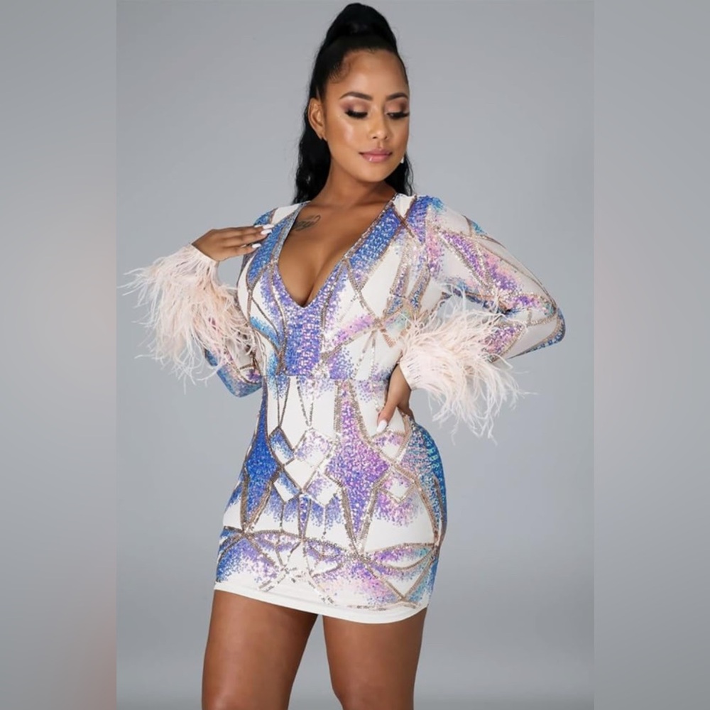 Sparkly Sequin Dress V Neck Feather Long Sleeve Celebrity Party Mini Dress - Picture 3 of 3